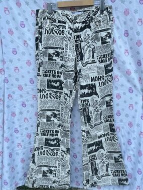 Garage Black and White Newspaper Print Low Rise Flare Jeans